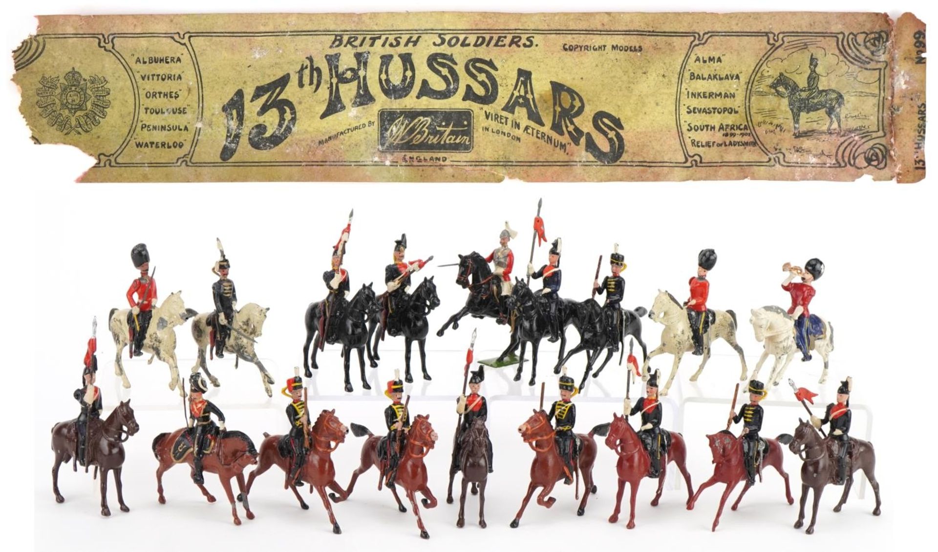 Collection of Britains hand painted lead soldiers on horseback including thirteenth Hussars and