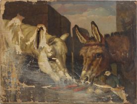 Two donkeys feeding with bird, 19th century oil on canvas, signature to bottom right, unframed, 41cm
