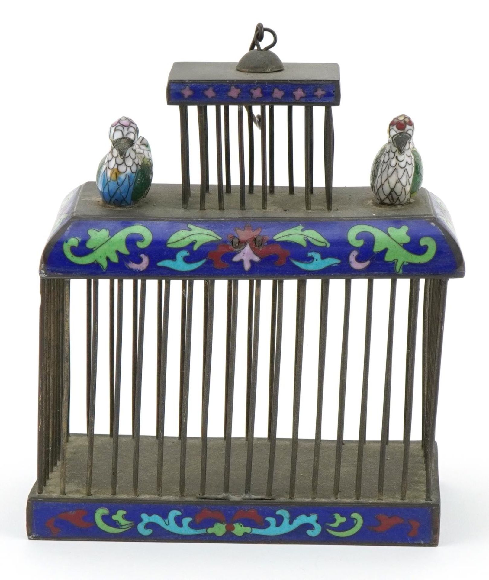 Chinese white metal and cloisonne cricket cage surmounted with two ducks, 18cm H x 15cm W x 7.5cm - Bild 2 aus 7