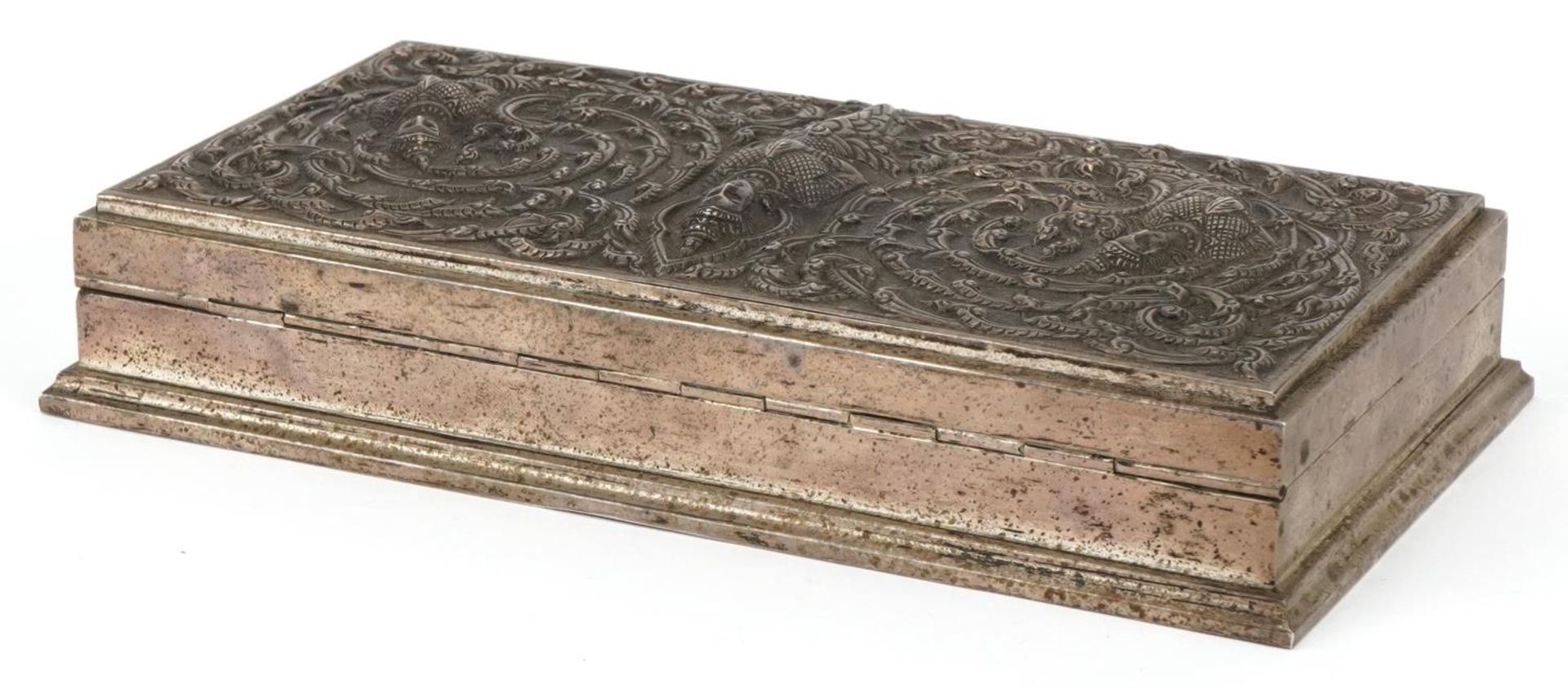 Thai Siam sterling silver cigar box having hinged lid profusely embossed with deities, 3.5cm H x - Image 4 of 6