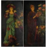 F Garnier - Females beside flowers, pair of European Pre-Raphaelite oil on wood panels, each with