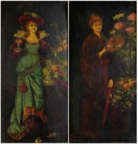 F Garnier - Females beside flowers, pair of European Pre-Raphaelite oil on wood panels, each with