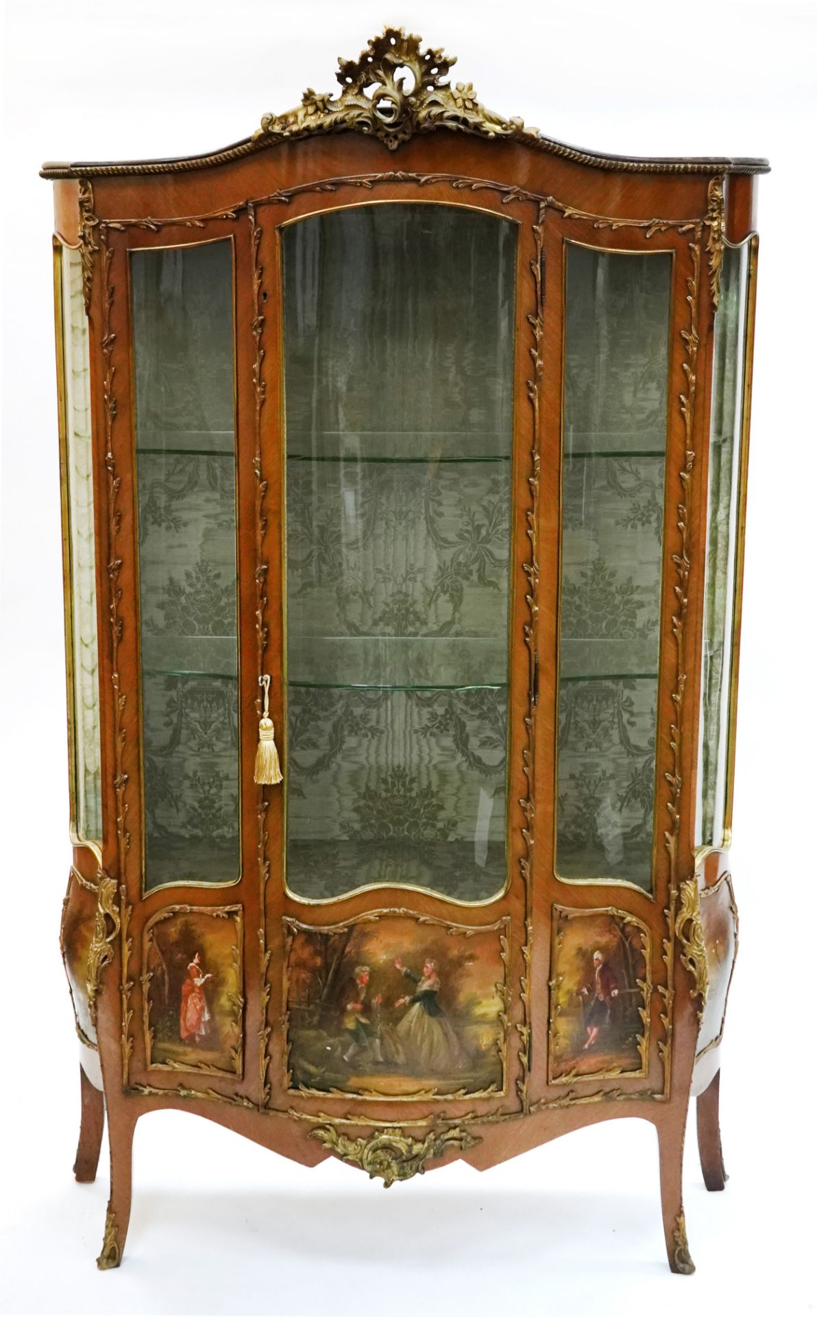 French Louis XV style ormolu mounted kingwood Bombe Vitrine having central glazed doors and side