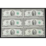 Six United States of America two dollar banknotes with consecutive serial numbers, series 1976,
