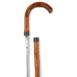 Robert Mole & Sons of Birmingham, Victorian gnarled wood walking swordstick with brass mounts and