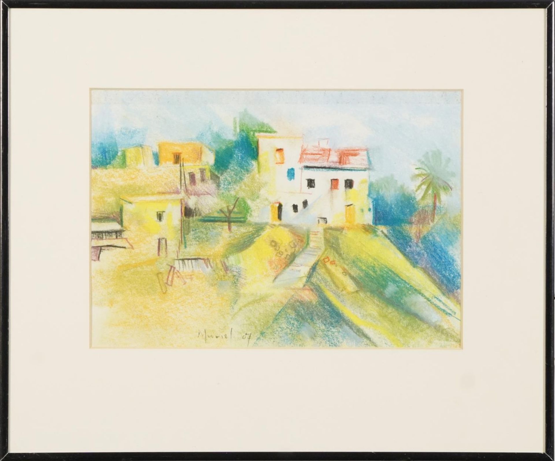 Muriel Clutten - Village houses, African school pastel, stamp verso, mounted, framed and glazed, - Bild 2 aus 6