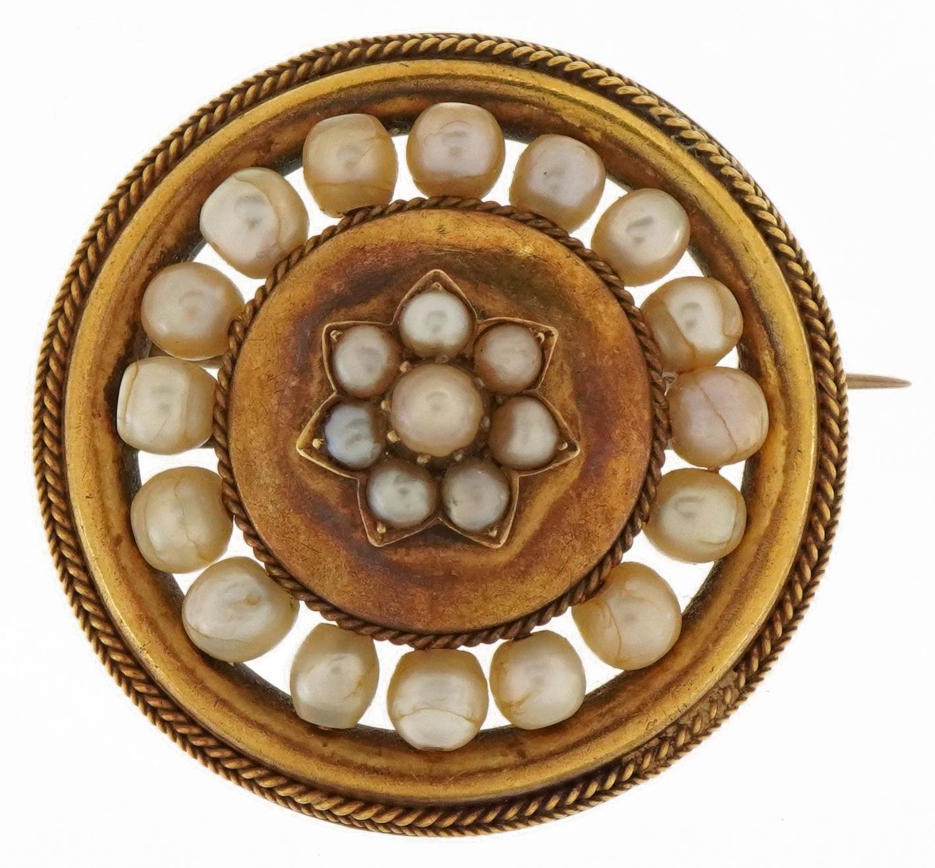 Victorian unmarked gold cultured pearl mourning brooch, tests as 15ct gold, 3.5cm in diameter, 14.0g