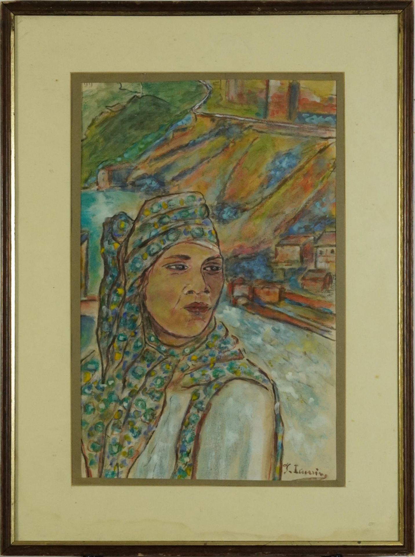 Top half portrait before a continental village, Spanish school watercolour, mounted, framed and - Bild 2 aus 5
