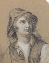 Head and shoulders portrait of a child wearing a hat, antique French school heightened charcoal on