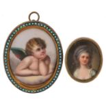 Two 19th century European oval porcelain plaques comprising one housed in an engraved brooch mount