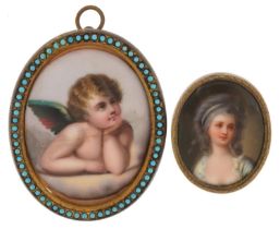 Two 19th century European oval porcelain plaques comprising one housed in an engraved brooch mount