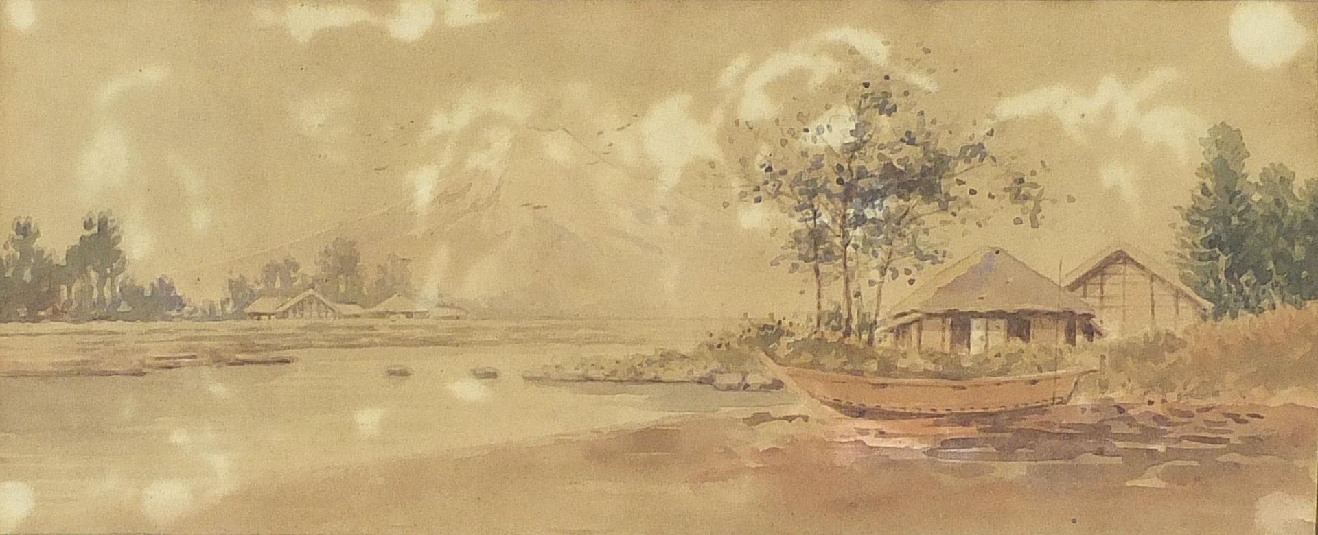 River before Mount Fuji, Japanese school watercolour, mounted, framed and glazed, 29.5cm x 12cm