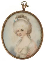 Manner of Andrew Plimer, Early 19th century oval hand painted portrait miniature of a female with