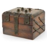 Gothic style hardwood three section cantilever box with hinged lid and brass mounts, 12cm H x 17.5cm