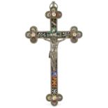 19th century Grand Tour micro mosaic crucifix pendant inlaid with birds and flowers, 3.5cm excluding