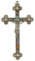 19th century Grand Tour micro mosaic crucifix pendant inlaid with birds and flowers, 3.5cm excluding