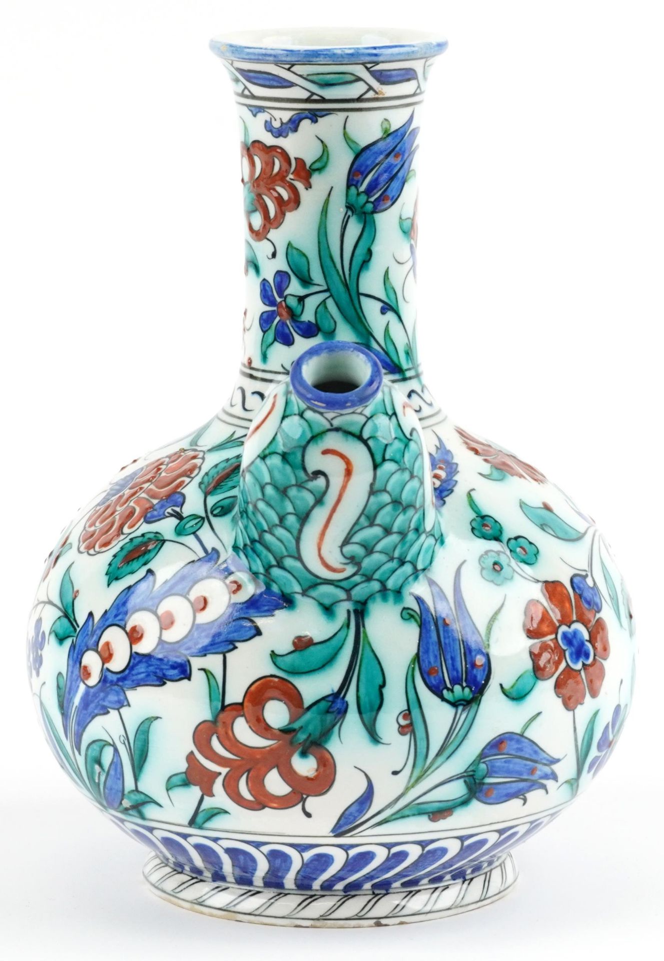 Turkish Iznik pottery kendi hand painted with stylised flowers, 27.5cm high : For further - Image 2 of 7