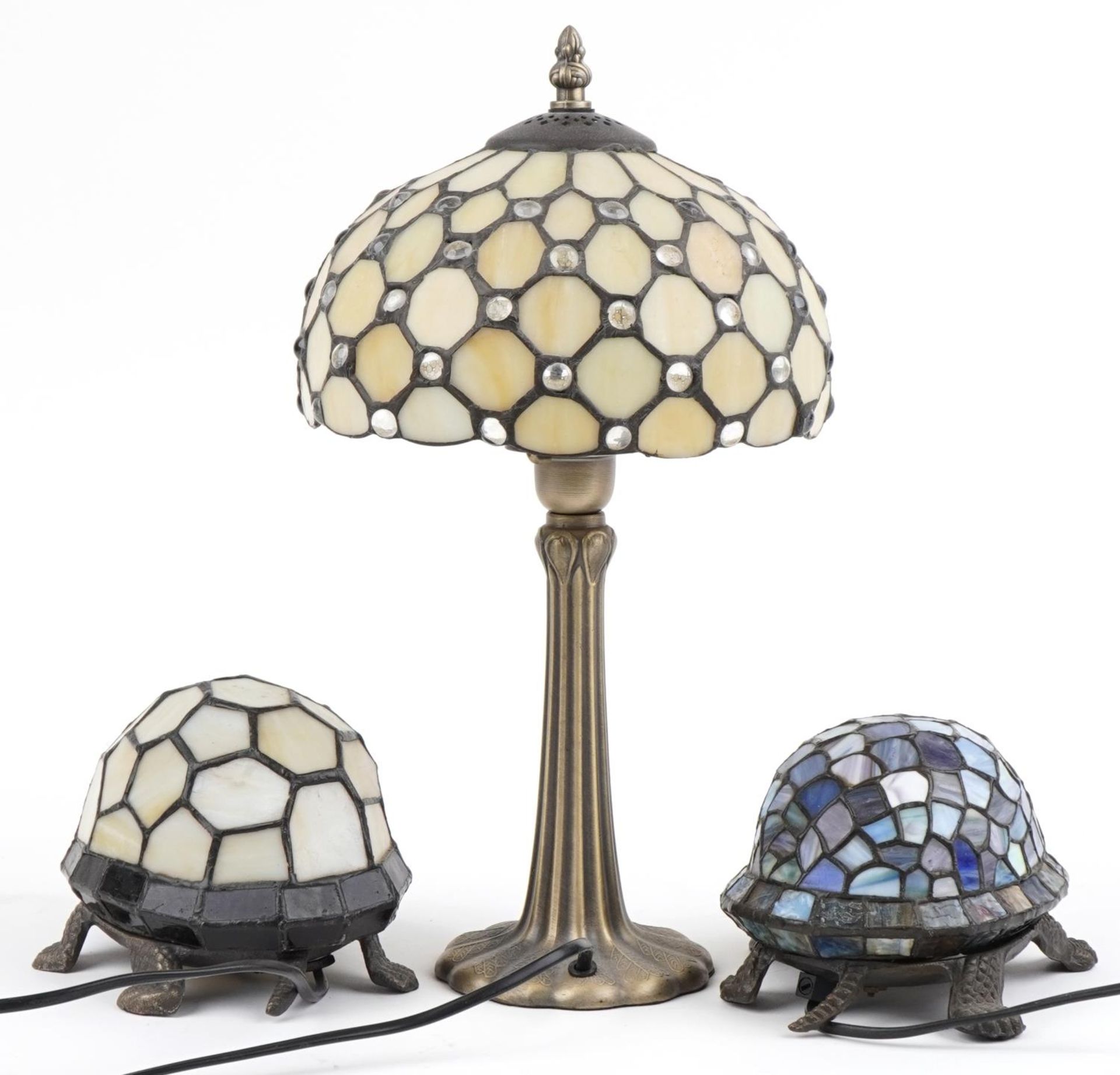 Three Tiffany design table lamps including two bronzed examples in the form of tortoises, the - Image 2 of 3