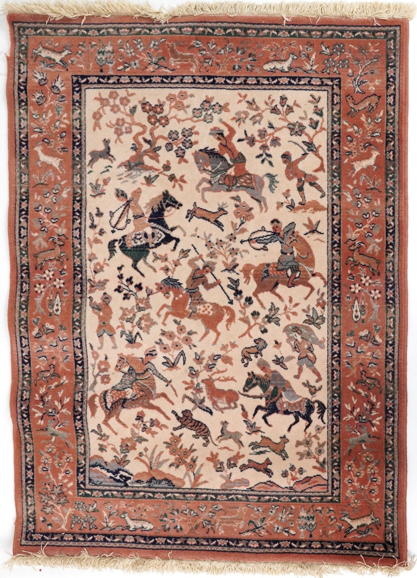 Rectangular Iranian rug decorated with warriors on horseback, 168cm x 114cm : For further