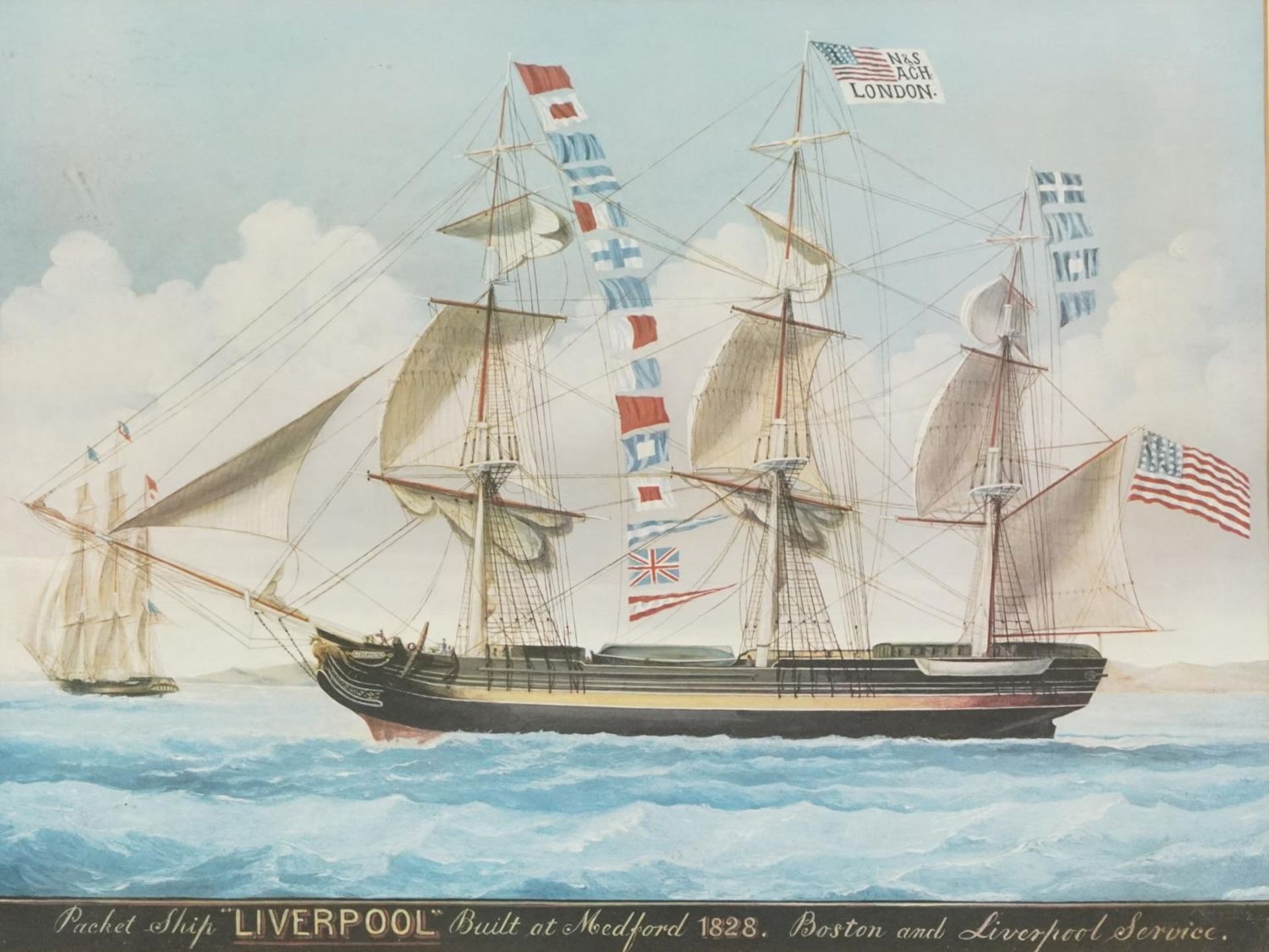 Liverpool packet ship shipping interest picture, mounted, framed and glazed, 50.5cm x 39.5cm