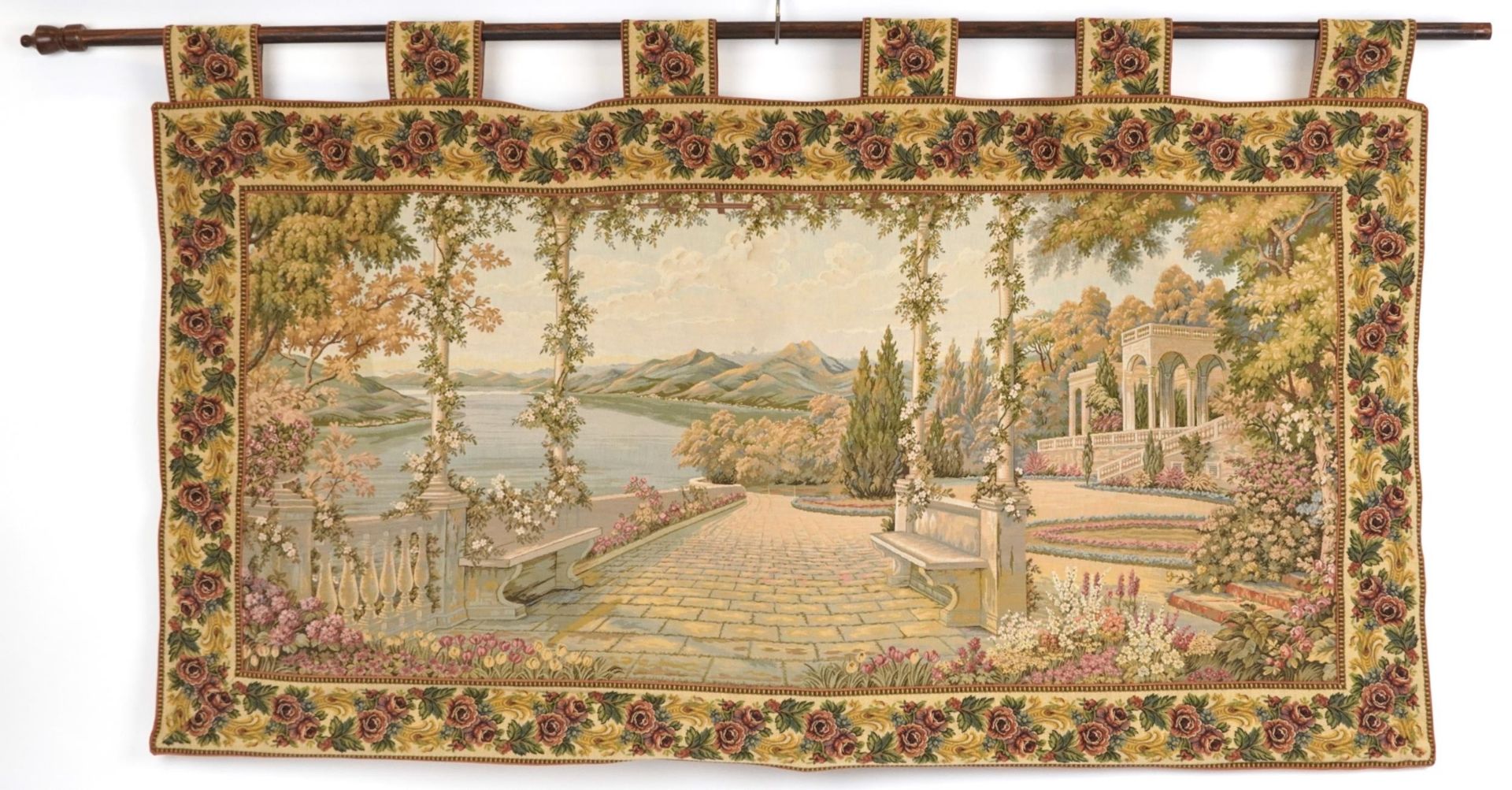 Two rectangular wall hanging tapestries including one with a courting couple on horseback, the - Bild 5 aus 7