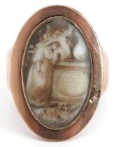 Georgian unmarked gold mourning ring hand painted with a young female and a tombstone, size O, 5.