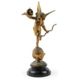 After Emile Bruchon, antique gilt spelter table lamp in the form of Putti on a globe entitled L'