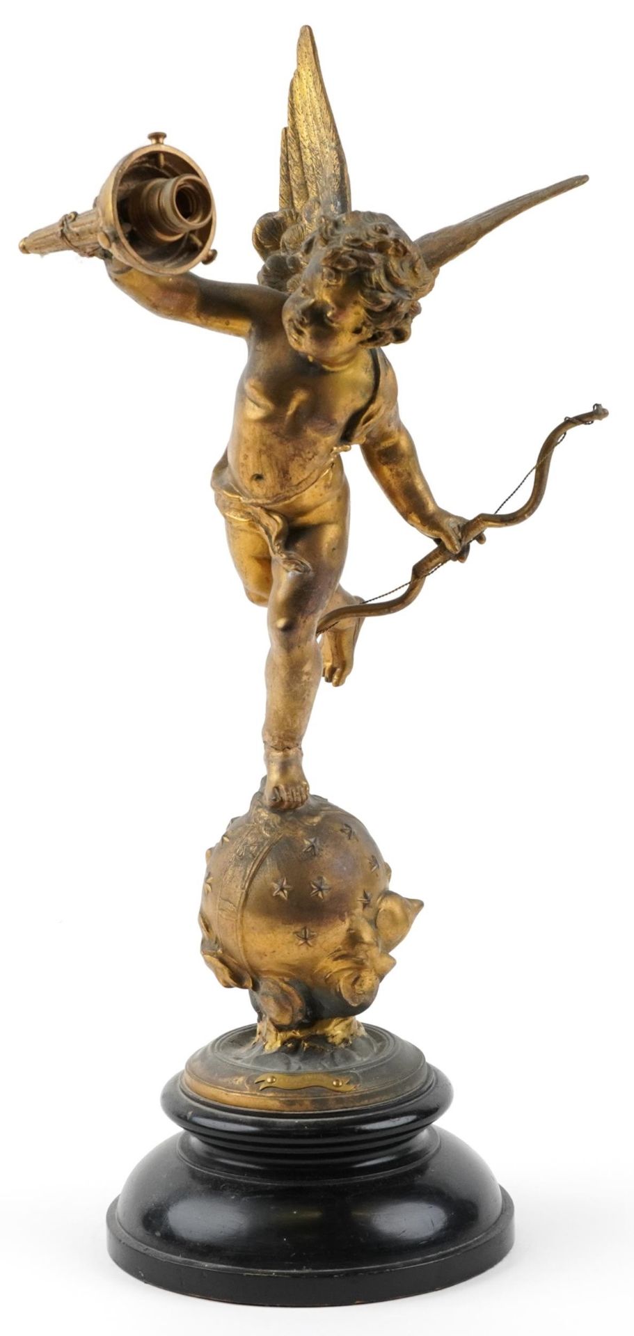 After Emile Bruchon, antique gilt spelter table lamp in the form of Putti on a globe entitled L'