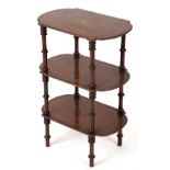 19th century brass line inlaid mahogany three tier whatnot with turned supports, 73.5cm H x 50cm W x
