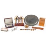 Antique and later sundry items including agate dish, faux tortoiseshell vanity set on stand,