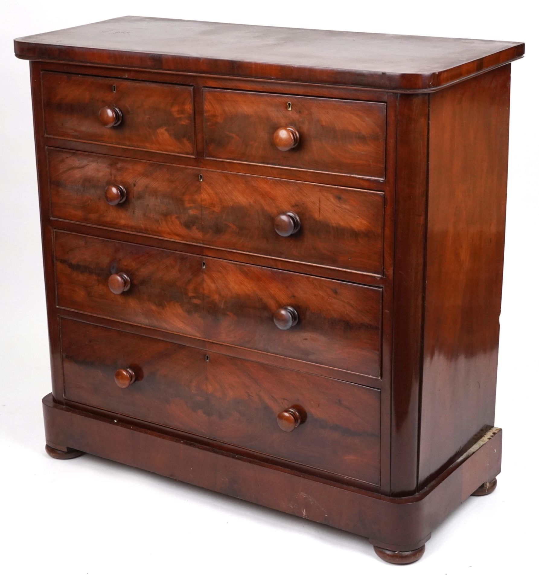 Victorian mahogany five drawer chest with turned wood handles, 117cm H x 121cm W x 51cm D : For