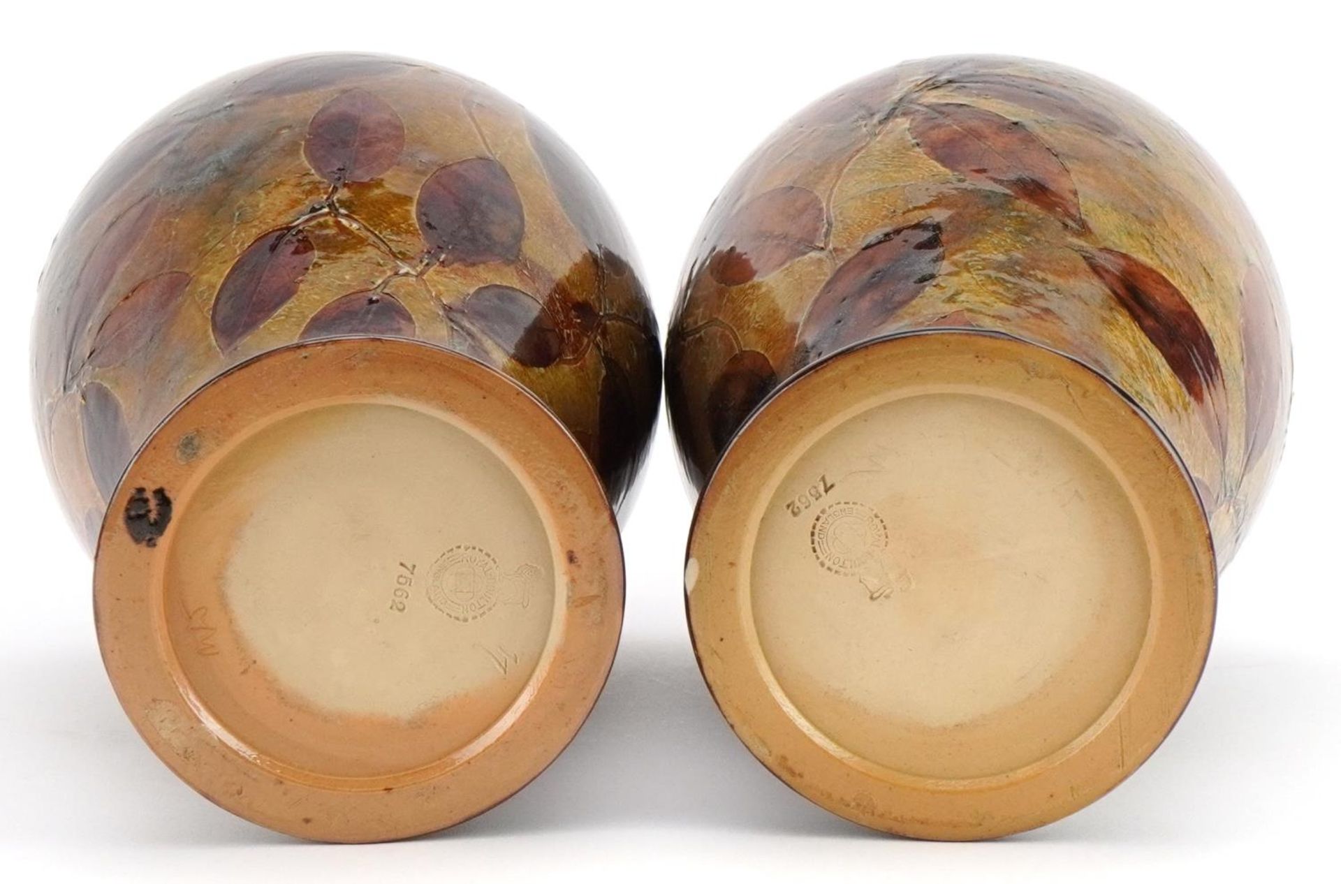 Pair of Royal Doulton stoneware Autumn Leaves pattern baluster vases, impressed 7562 to the bases, - Bild 4 aus 5