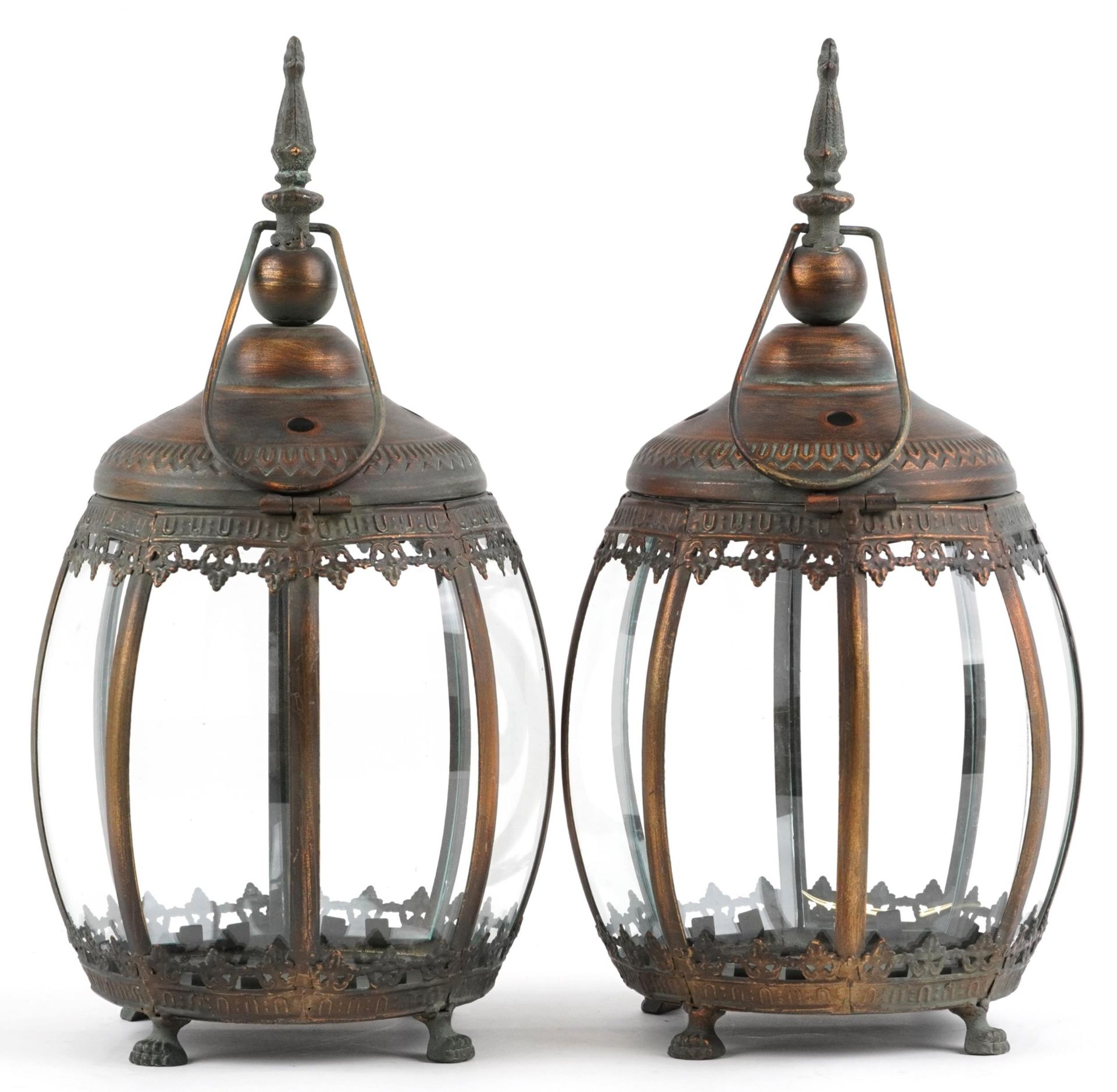 Pair of bronzed hanging lanterns with glass panels on paw feet, each 39.5cm high : For further - Image 2 of 3