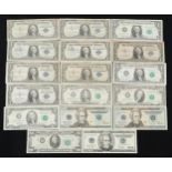 United States of America dollar banknotes, various series and serial numbers including one, two,