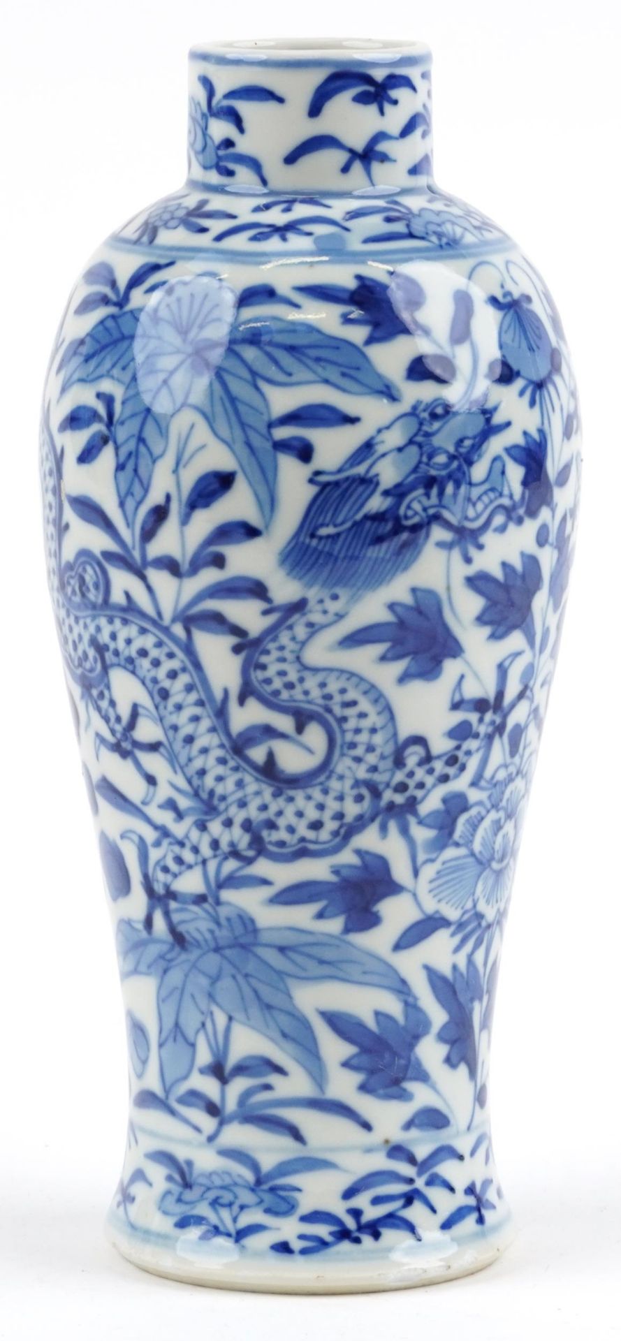Chinese blue and white porcelain baluster vase hand painted with dragons amongst flowers, six figure - Image 4 of 7