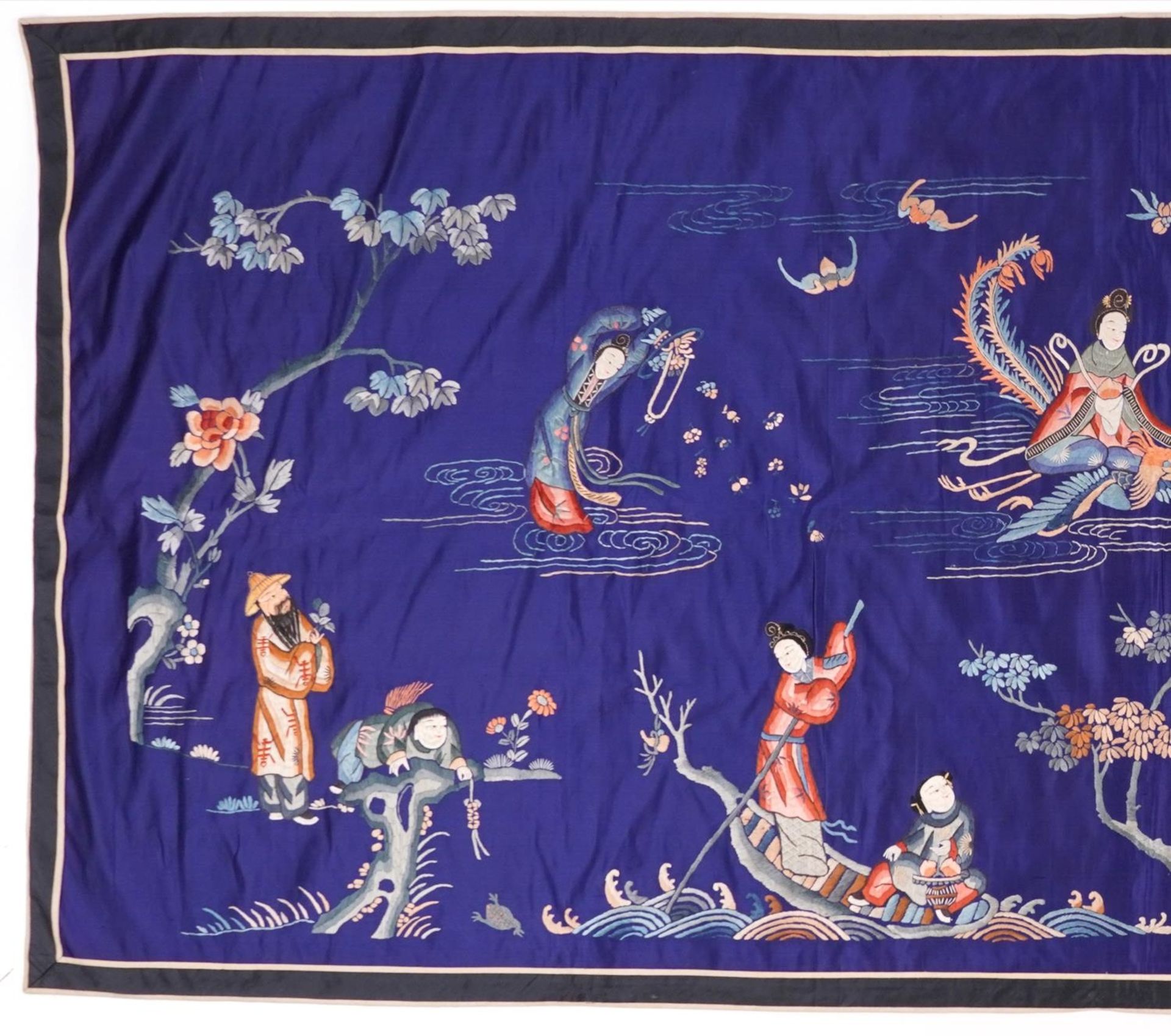 Large Chinese silk textile embroidered with an emperor amongst Geishas and figures, one riding a - Image 2 of 4