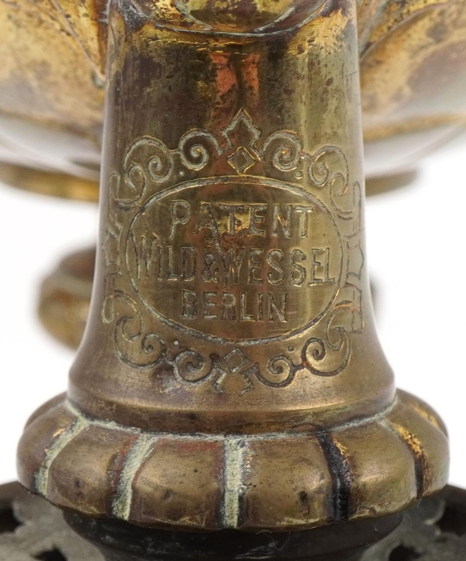 Wild & Wessel of Berlin, 19th century German adjustable brass studen oil lamp with white opaque - Image 5 of 5