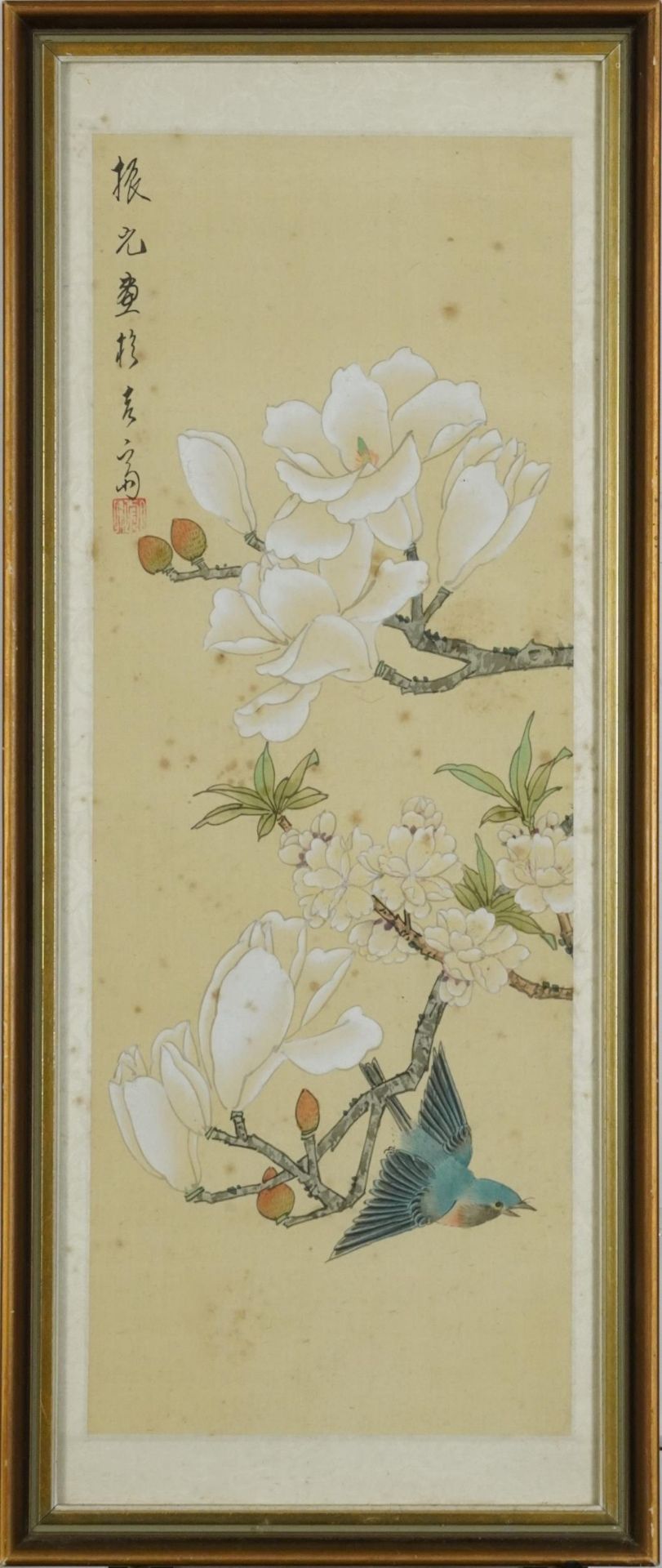 Butterflies and birds amongst flowers, pair of Chinese watercolours on silk, signed with red seal - Image 7 of 9