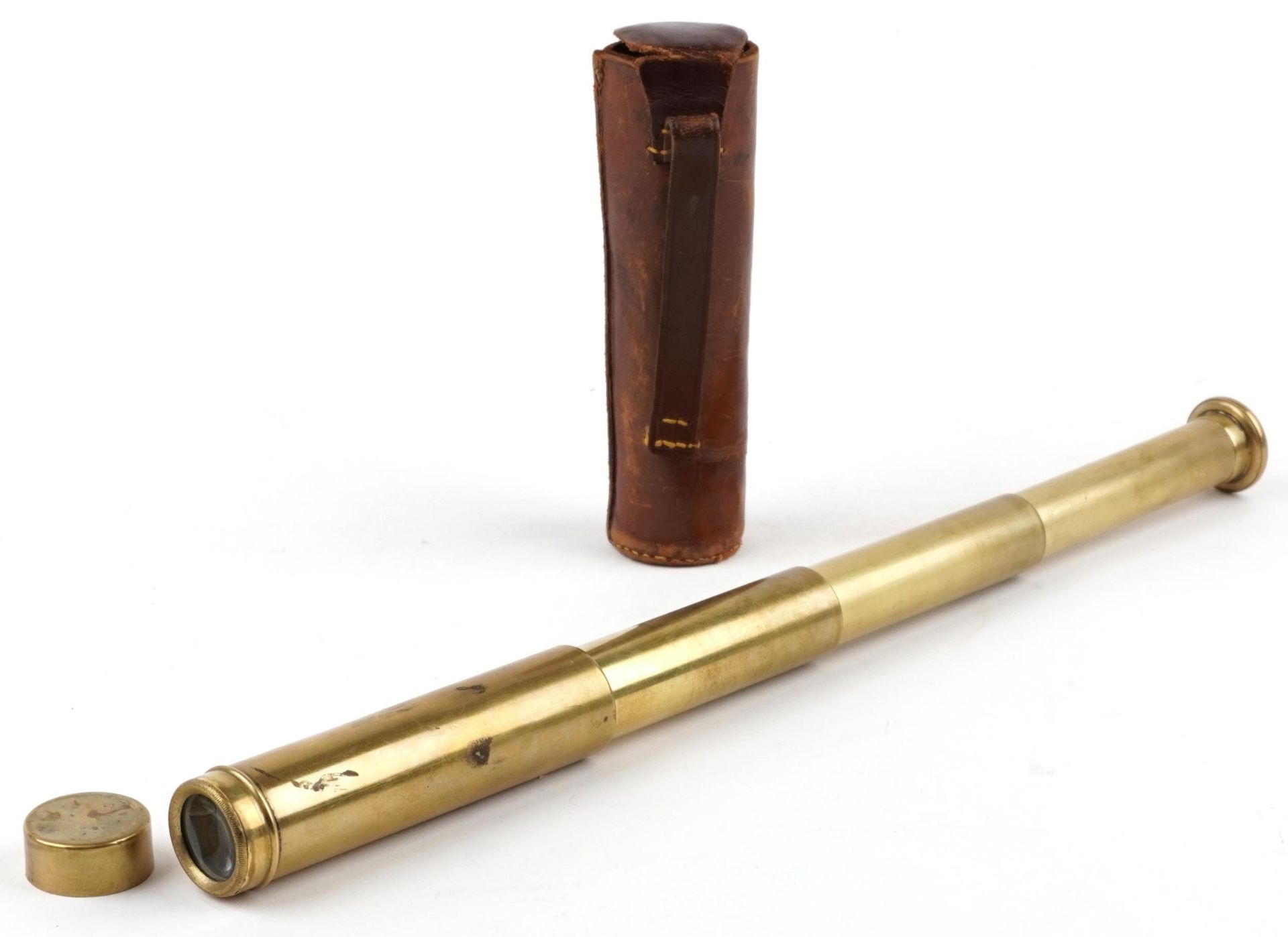 Military interest three draw brass telescope with leather case : For further information on this lot