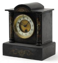 Victorian black slate architectural mantle clock with marble columns having circular enamelled