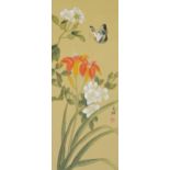 Butterfly amongst flowers, Chinese watercolour on silk signed with calligraphy and red seal marks,