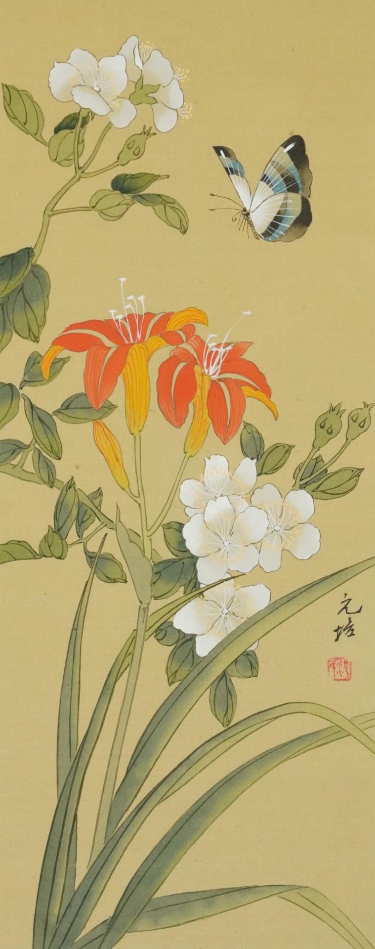 Butterfly amongst flowers, Chinese watercolour on silk signed with calligraphy and red seal marks,
