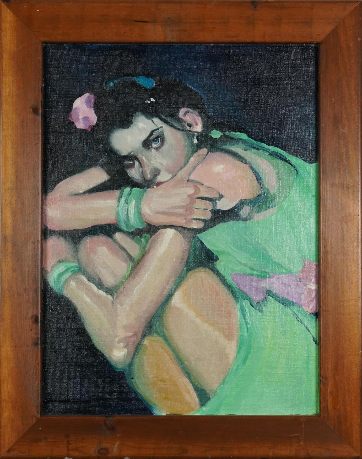 Clive Fredriksson - Portrait of a female wearing a green dress, contemporary oil on canvas board, - Bild 2 aus 3