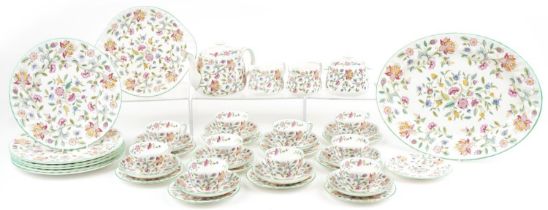 Minton Haddon Hall dinner and teaware including teapot, large oval platter, trios and dinner plates,