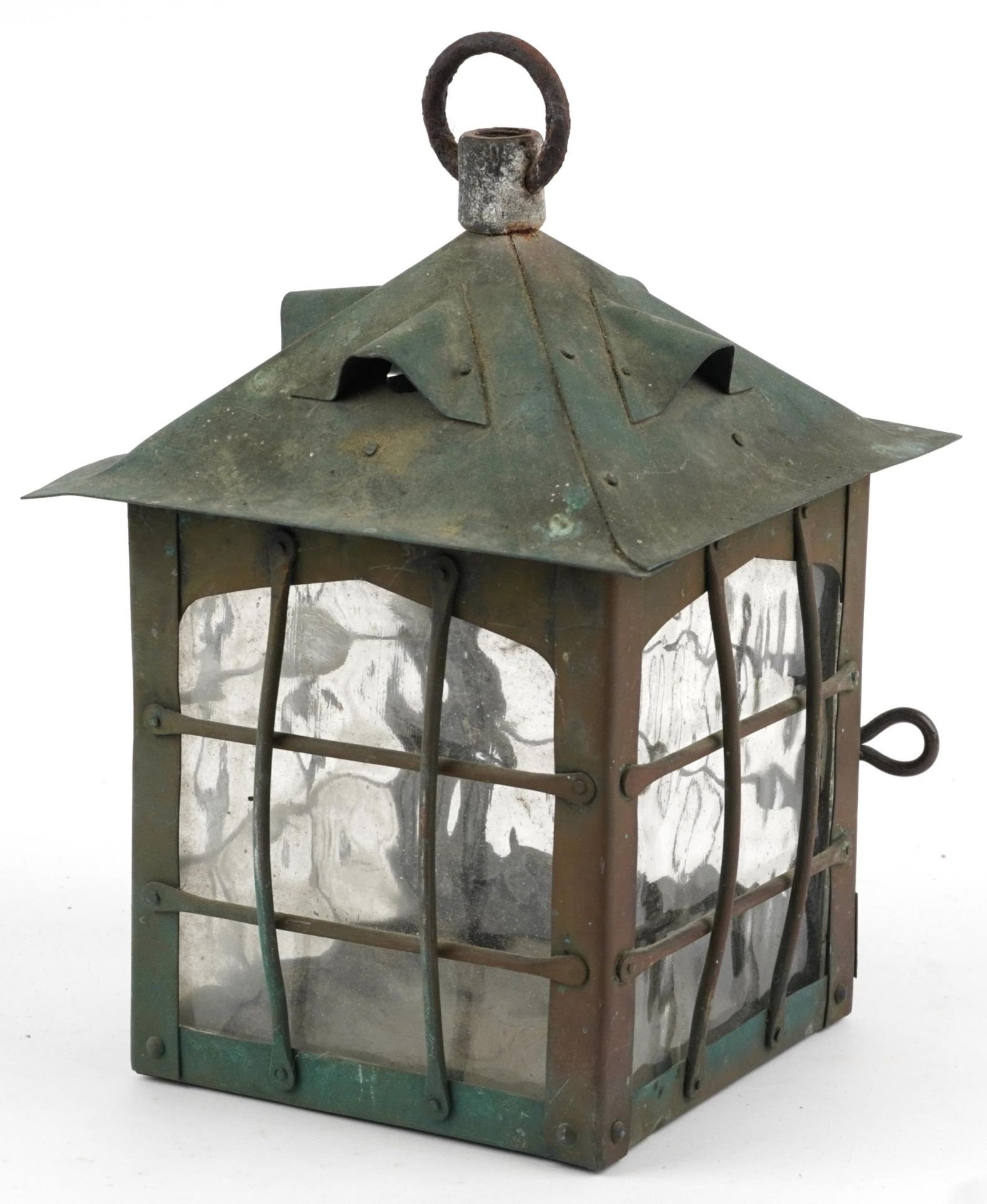 Arts & Crafts verdigris bronzed hanging lantern with glass panels, 30.5cm high : For further - Bild 2 aus 3