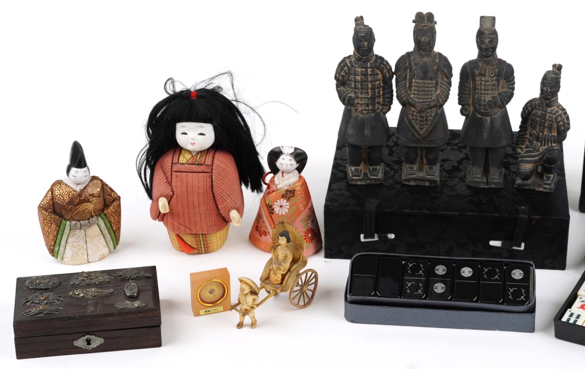 Japanese and Chinese sundry items including a hardwood box with nine applied Menuki sword ornaments, - Image 2 of 3