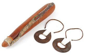 African tribal interest Maasai milk gourd and two Turkana wrist knives from Kenya, the largest
