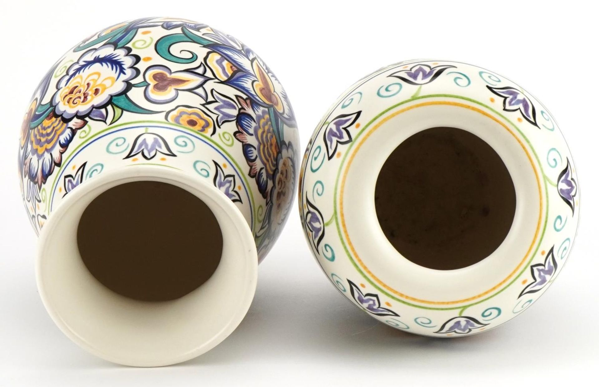 Karen Brown for Poole Pottery, two Mid century studio vases hand painted with stylised flowers in - Image 3 of 4