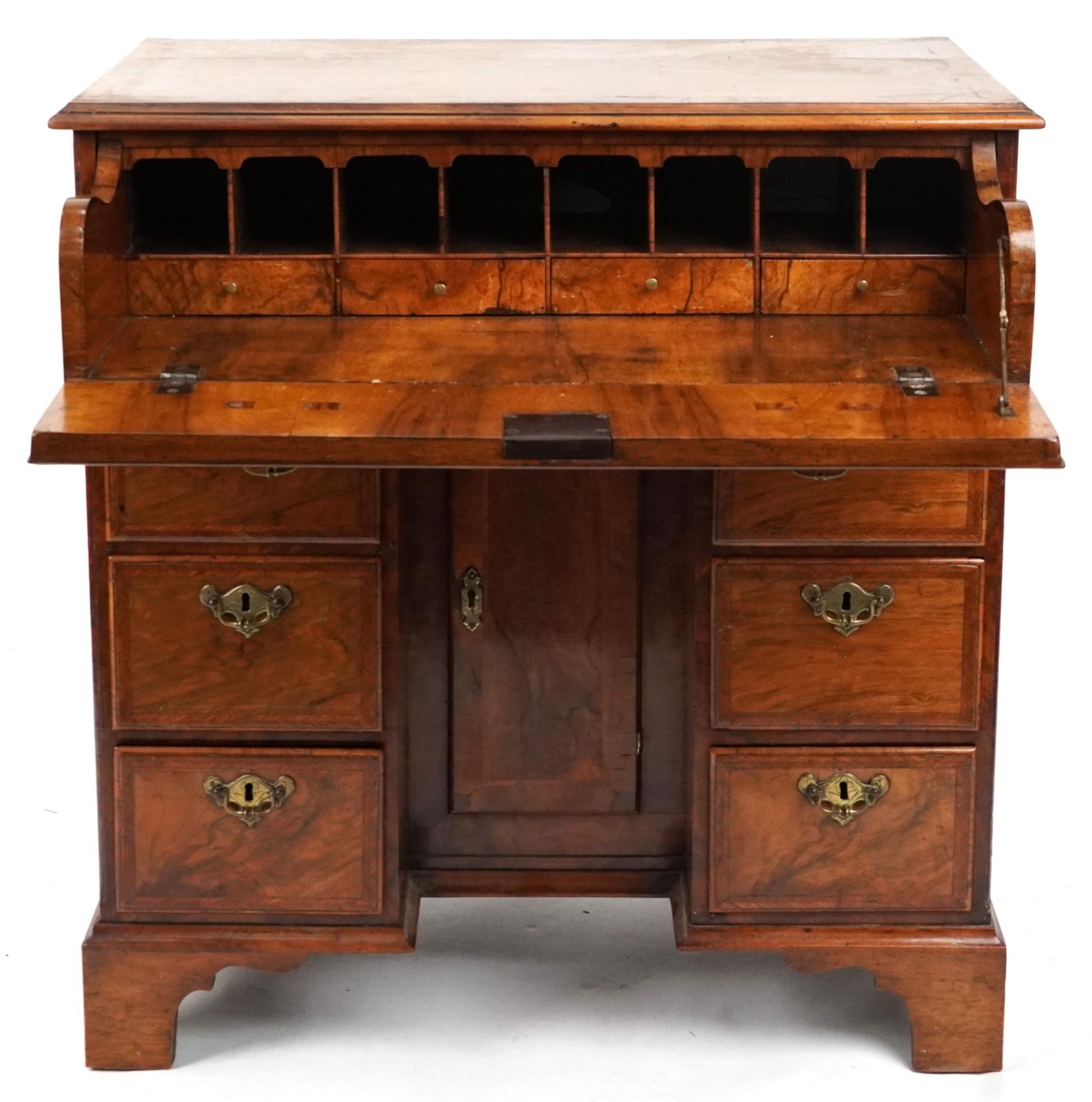 Antique figured walnut cross and feather banded kneehole secretaire desk fitted with an - Image 2 of 5