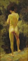 Manner of Henry Scott Tuke - Standing nude male, Modern British oil on wood panel, mounted, and